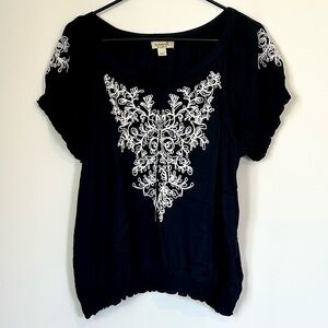 ONE WORLD Black Blouse with White Embroidery